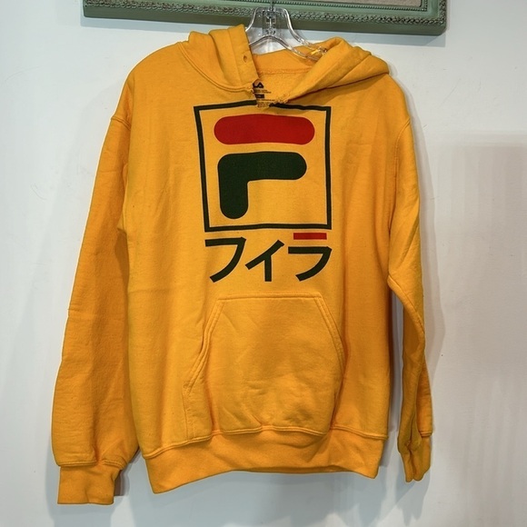 FILA JAPAN LOGO YELLOW HOODIE SWEATSHIRT WOMEN’S SIZE SMALL streetwear flawed - Picture 2 of 8